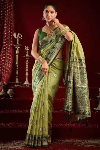 Pista green modal banarasi zari woven saree with blouse