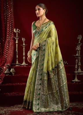 Pista green modal banarasi zari woven saree with blouse 3