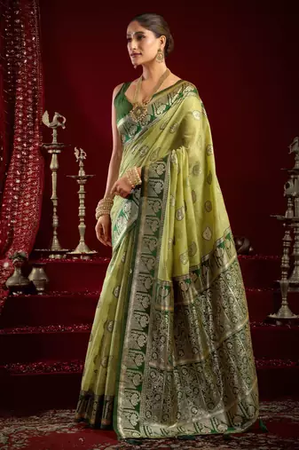 Pista green modal banarasi zari woven saree with blouse