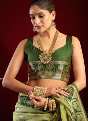 Pista green modal banarasi zari woven saree with blouse 4