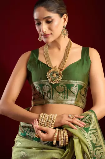 Pista green modal banarasi zari woven saree with blouse