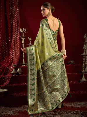Pista green modal banarasi zari woven saree with blouse 5