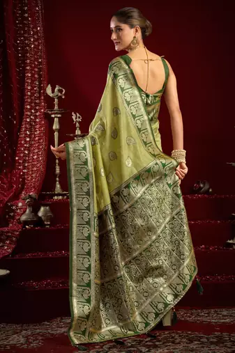 Pista green modal banarasi zari woven saree with blouse
