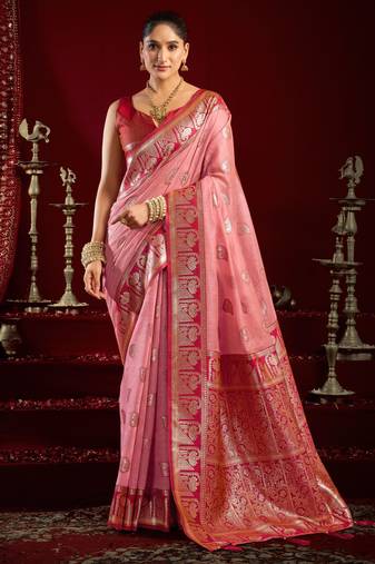 Baby pink modal banarasi zari woven saree with blouse