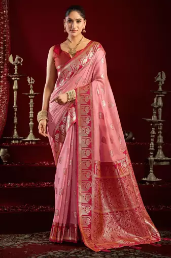 Baby pink modal banarasi zari woven saree with blouse