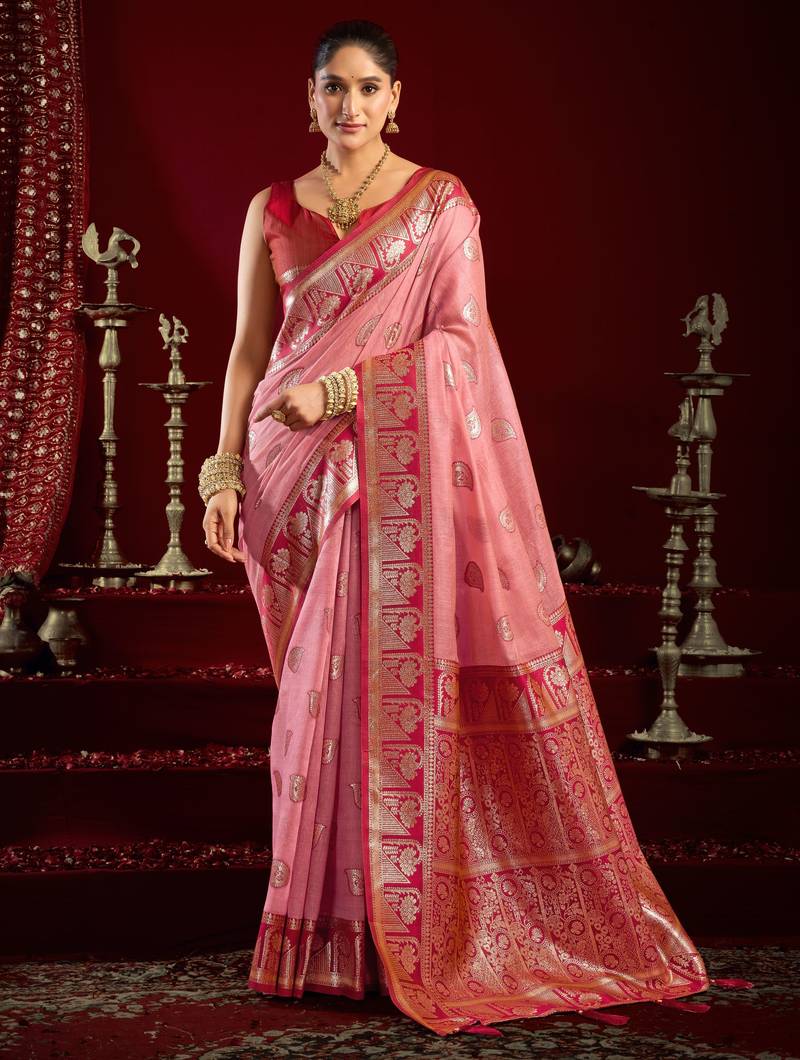 Baby pink modal banarasi zari woven saree with blouse