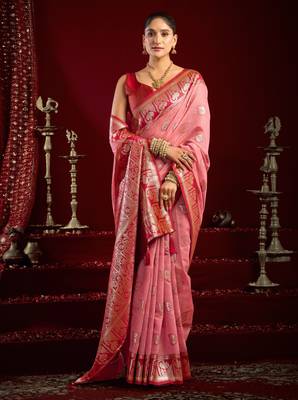 Baby pink modal banarasi zari woven saree with blouse 2