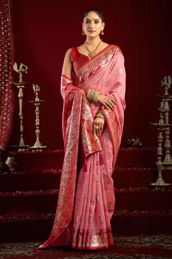 Baby pink modal banarasi zari woven saree with blouse
