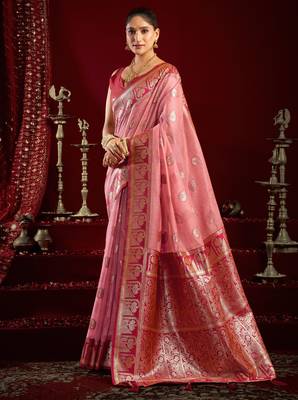 Baby pink modal banarasi zari woven saree with blouse 3