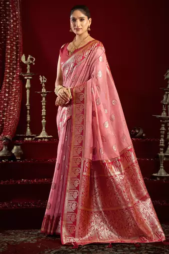 Baby pink modal banarasi zari woven saree with blouse