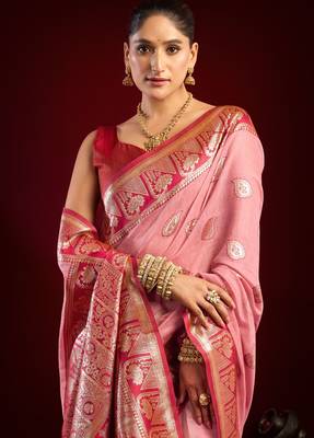 Baby pink modal banarasi zari woven saree with blouse 4