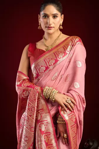 Baby pink modal banarasi zari woven saree with blouse