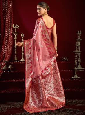 Baby pink modal banarasi zari woven saree with blouse 5