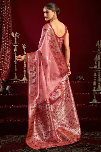 Baby pink modal banarasi zari woven saree with blouse