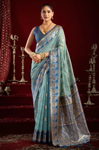 Sky blue modal banarasi zari woven saree with blouse