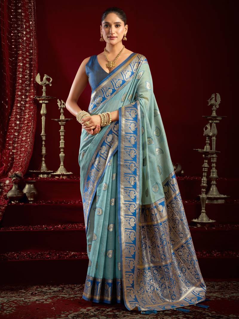 Sky blue modal banarasi zari woven saree with blouse