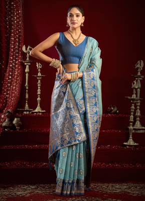 sky blue modal banarasi zari woven ethnic saree 2