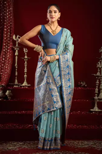 sky blue modal banarasi zari woven ethnic saree