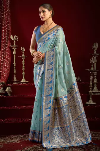 sky blue modal banarasi zari woven ethnic saree