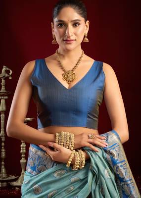 sky blue modal banarasi zari woven ethnic saree 4