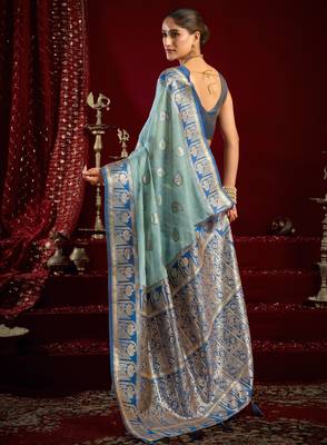 sky blue modal banarasi zari woven ethnic saree 5
