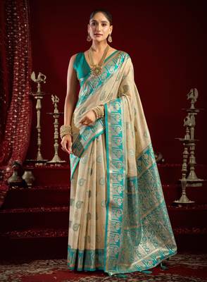 Off white modal banarasi zari woven saree with blouse 1