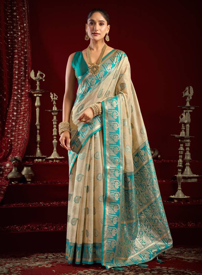 Off white modal banarasi zari woven saree with blouse