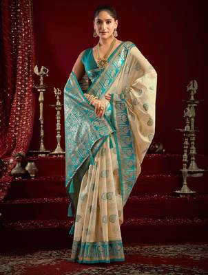 Off white modal banarasi zari woven saree with blouse 2