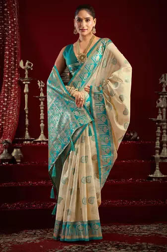 Off white modal banarasi zari woven saree with blouse