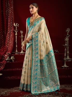 Off white modal banarasi zari woven saree with blouse 3