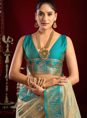 Off white modal banarasi zari woven saree with blouse 4
