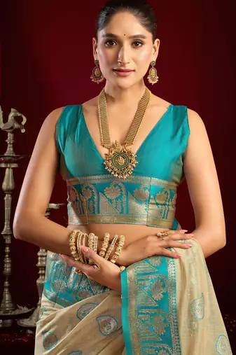 Off white modal banarasi zari woven saree with blouse