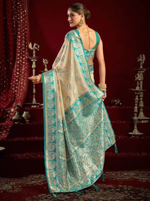 Off white modal banarasi zari woven saree with blouse 5