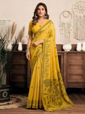 Mustard modal art silk warli work saree with blouse 1