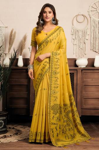 Mustard modal art silk warli work saree with blouse