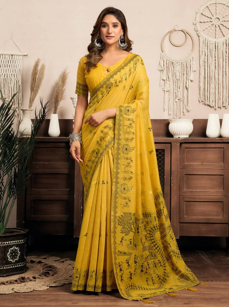 Mustard modal art silk warli work saree with blouse
