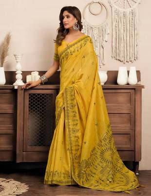 Mustard modal art silk warli work saree with blouse 2