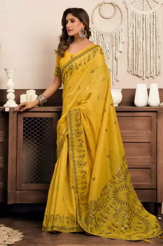 Mustard modal art silk warli work saree with blouse