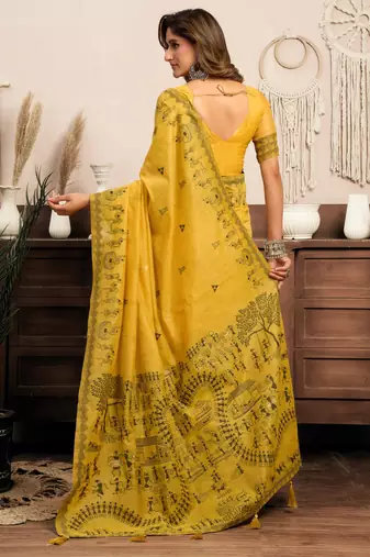 Mustard modal art silk warli work saree with blouse