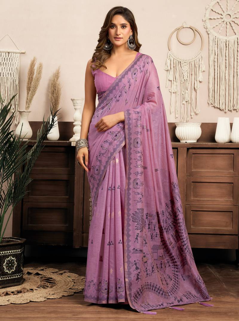 Purple modal art silk warli work saree with blouse