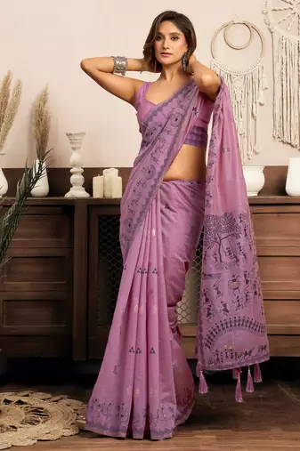 purple modal art silk ethnic warli work saree