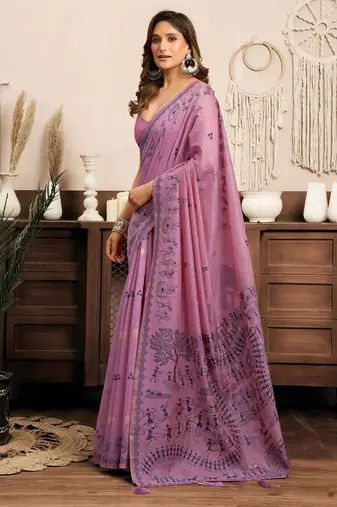 purple modal art silk ethnic warli work saree