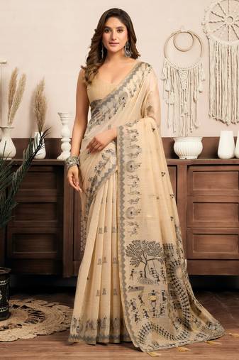 Cream modal art silk warli work saree with blouse