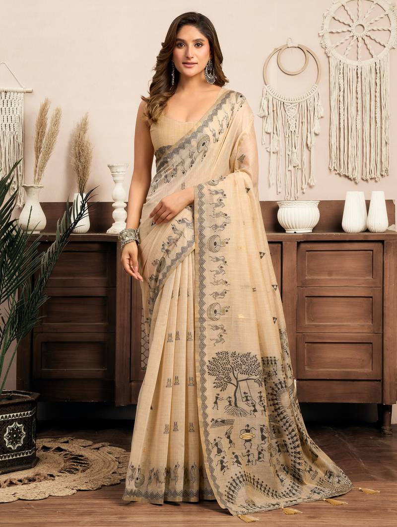 Cream modal art silk warli work saree with blouse