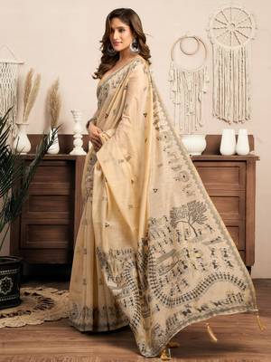 Cream modal art silk warli work saree with blouse 2