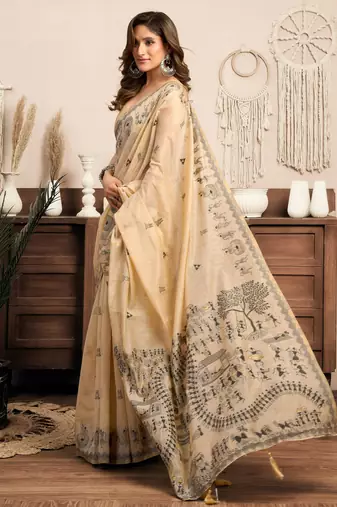 Cream modal art silk warli work saree with blouse
