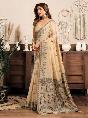 Cream modal art silk warli work saree with blouse 3