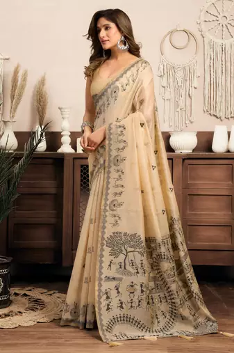 Cream modal art silk warli work saree with blouse
