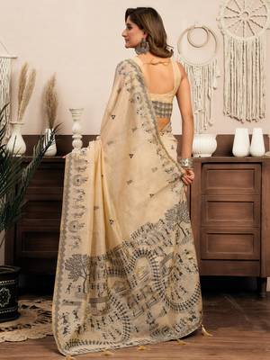 Cream modal art silk warli work saree with blouse 5