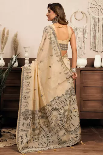 Cream modal art silk warli work saree with blouse